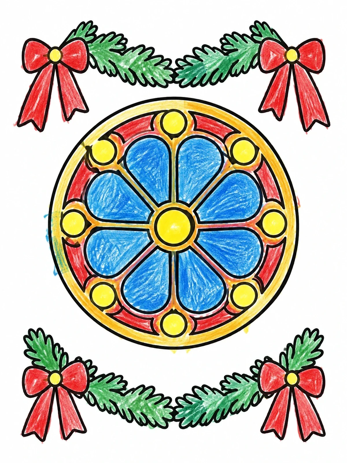 Colored example of the Rose Window With Festive Garlands coloring page
