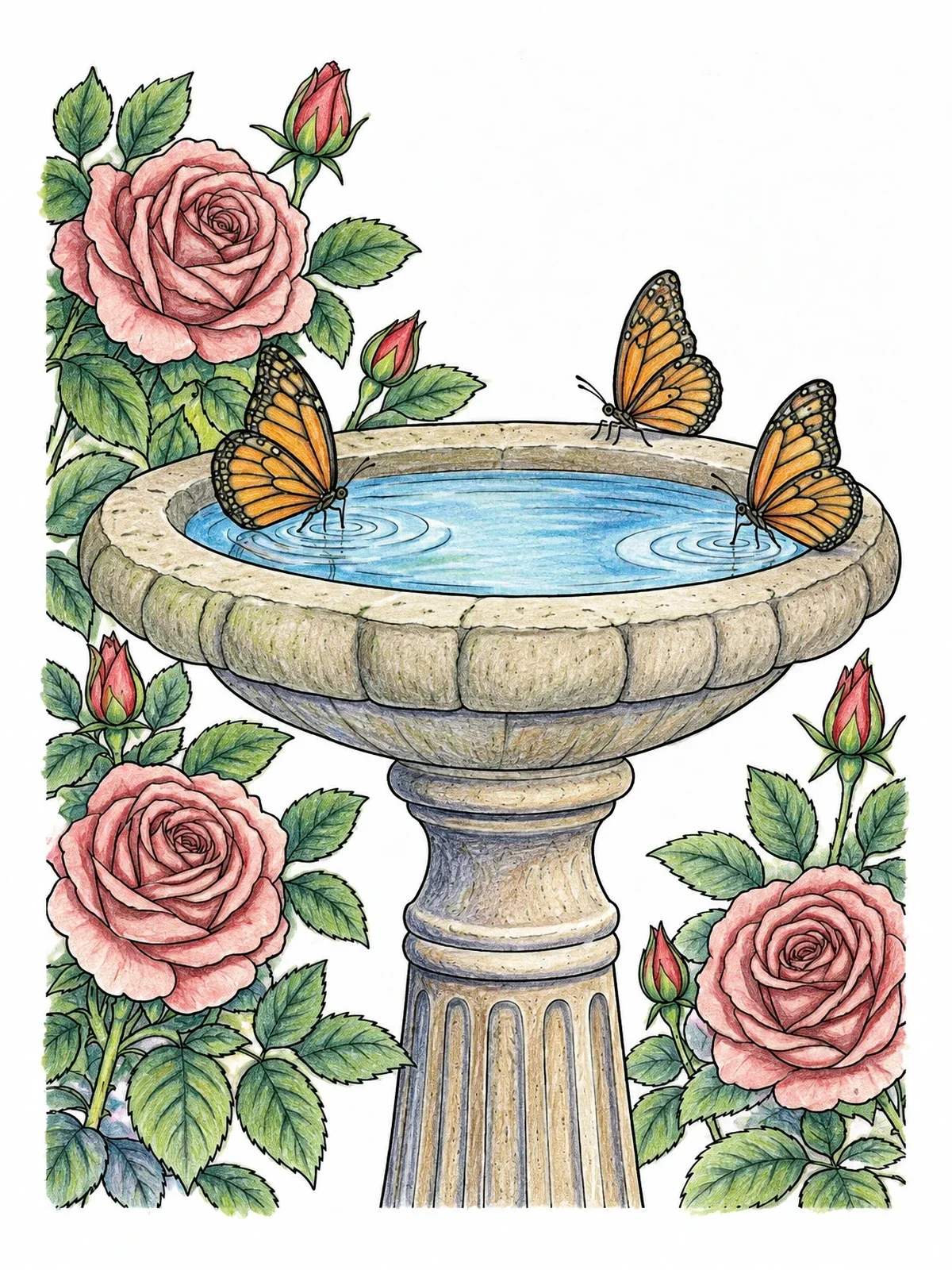 Colored example of the Birdbath Surrounded By Rose Bushes coloring page