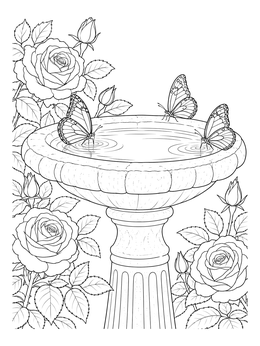 Butterflies visit a birdbath in this roses coloring page surrounded by blooming flowers.