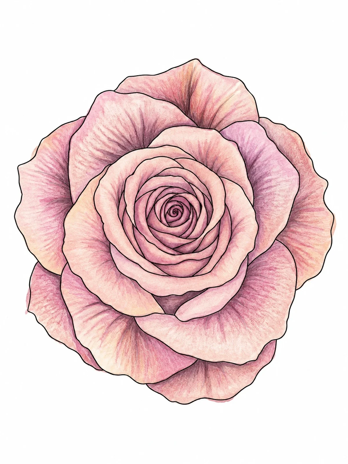 Colored example of the Blooming Rose Blossom From Above coloring page