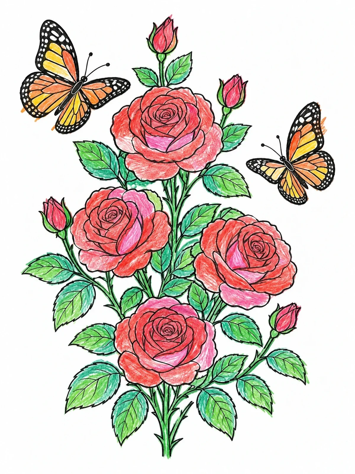Colored example of the Blooming Rose Bush With Butterflies coloring page