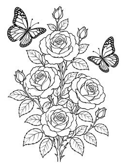 Two butterflies fluttering around blooms on this roses coloring page.