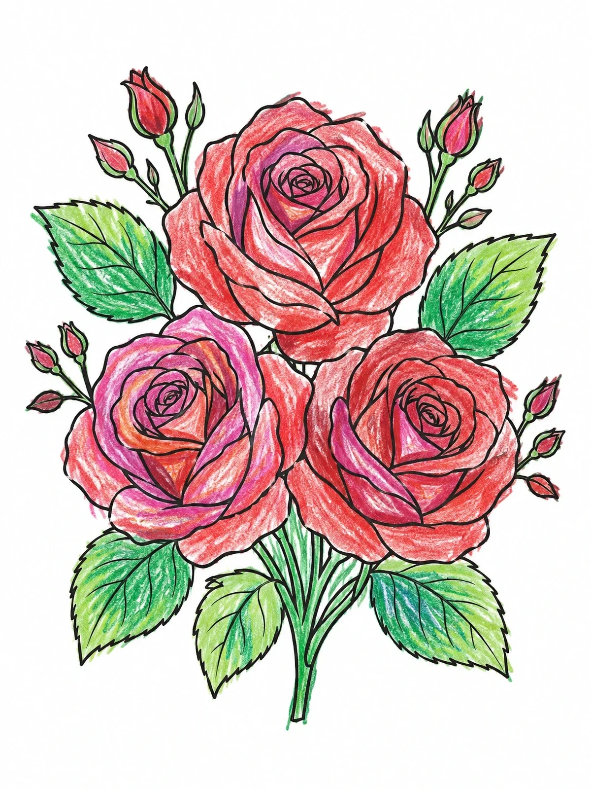 Colored example of the Trio Of Blooming Rose Flowers coloring page