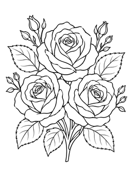 A detailed roses coloring page featuring three open blossoms, small buds, and leafy stems.