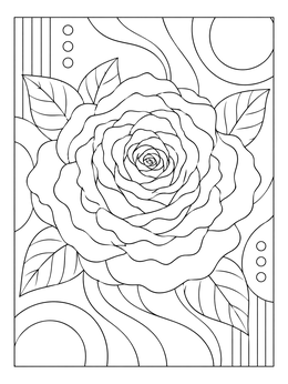 A detailed roses coloring page featuring a blooming blossom and geometric background lines.