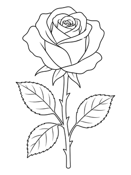A detailed roses coloring page featuring an open blossom with thorny stem and leaves.