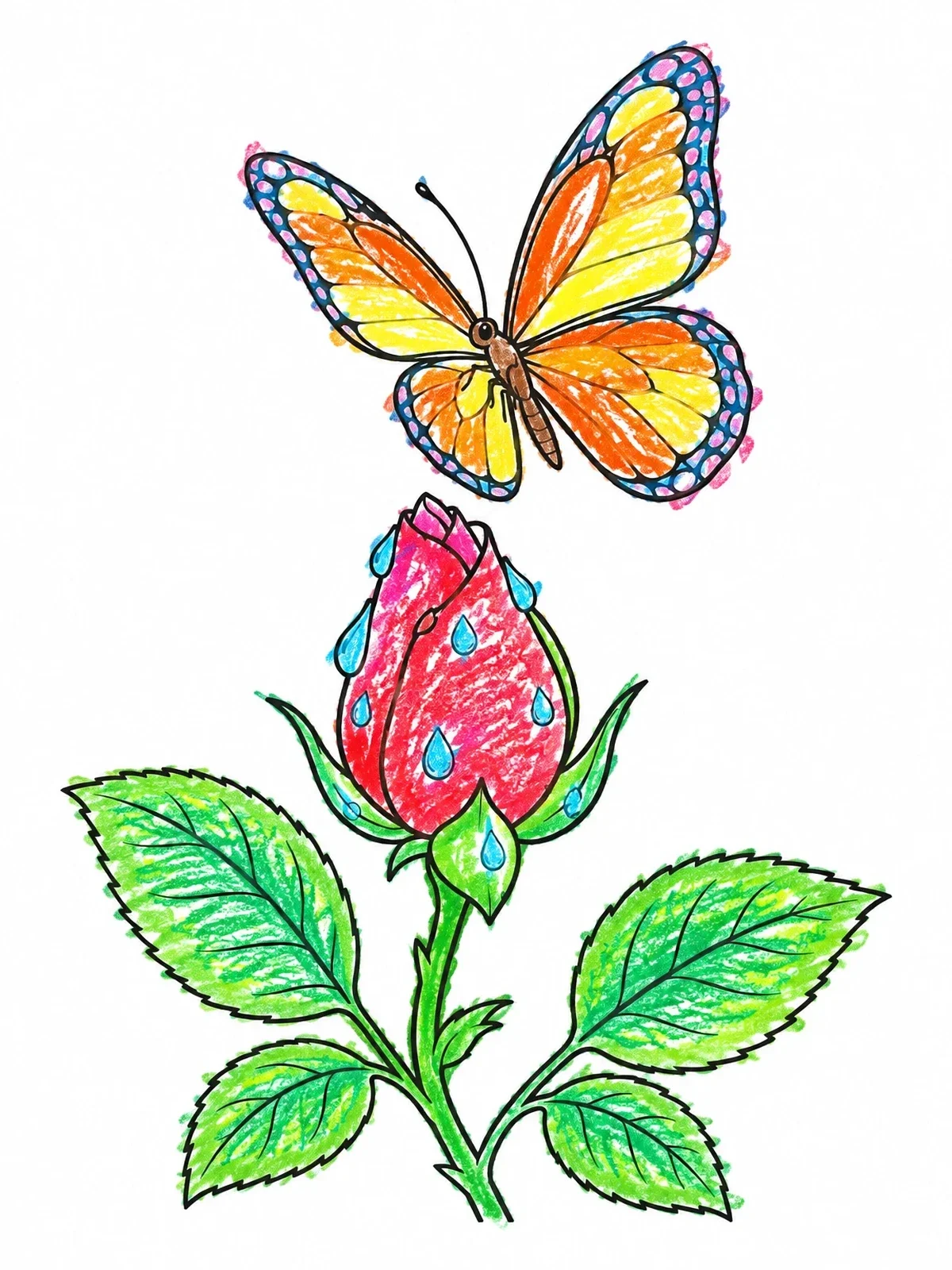 Colored example of the Butterfly Above Dewy Rosebud coloring page