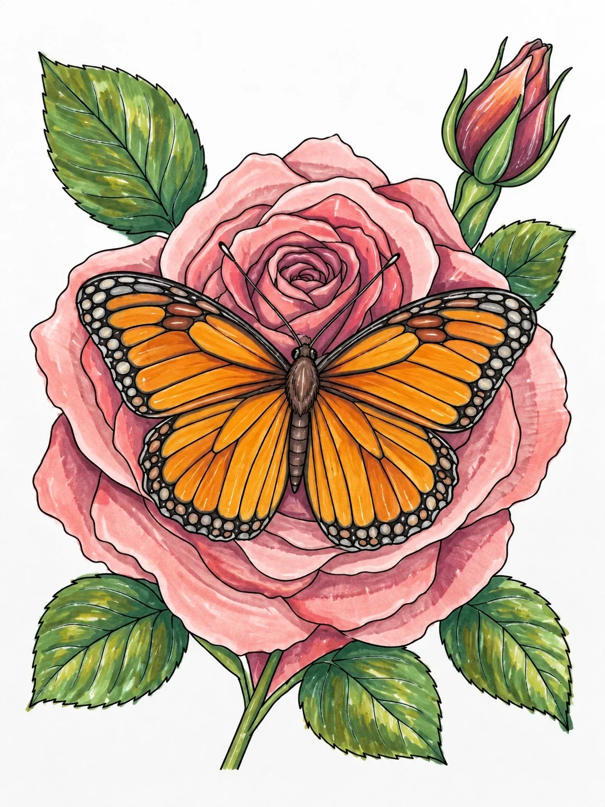 Colored example of the Butterfly Resting On Blooming Rose coloring page