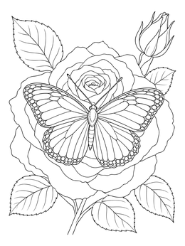 A detailed butterfly perches atop a blooming rose flower in this roses coloring page.