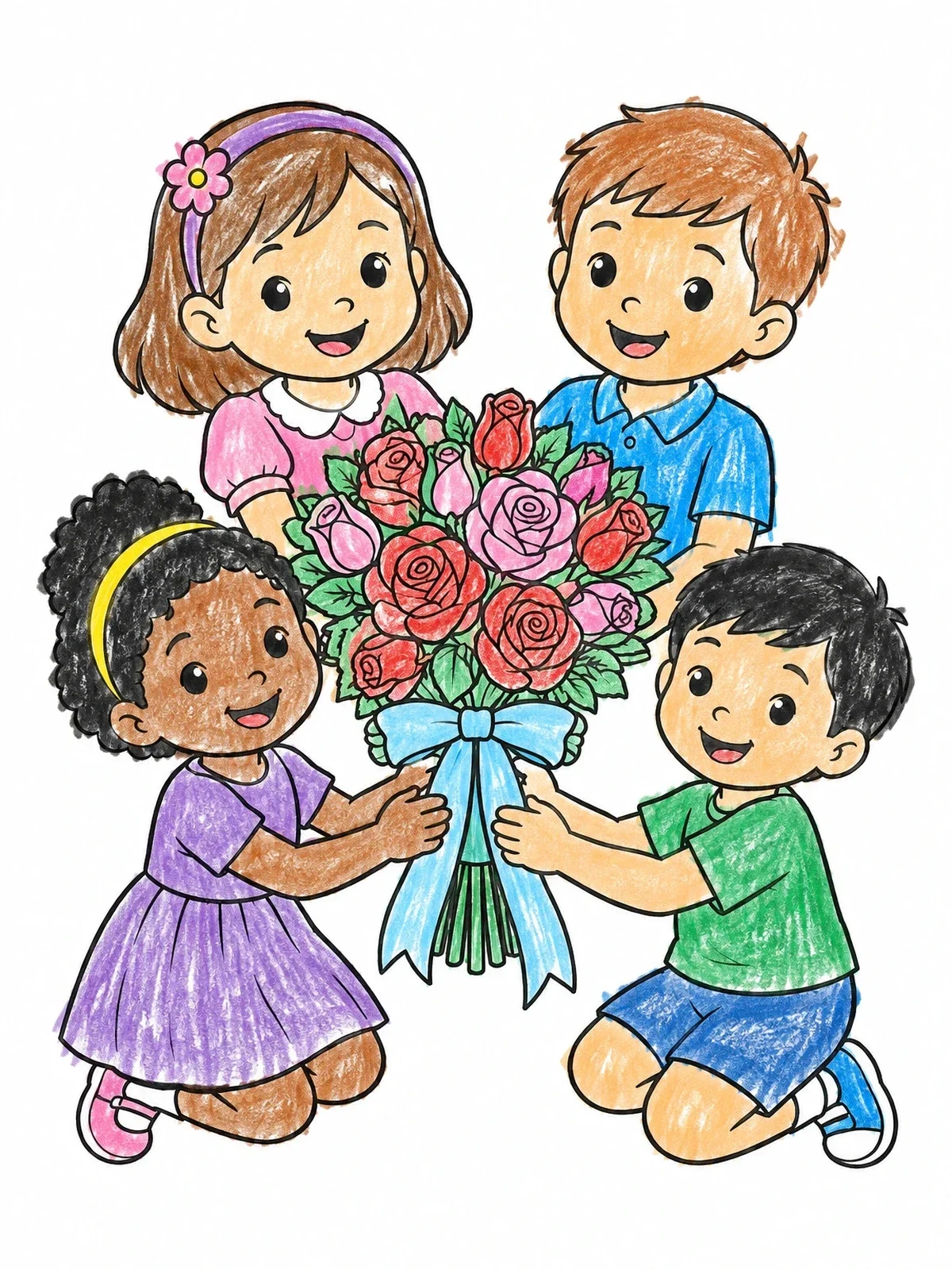 Colored example of the Children Holding A Rose Bouquet coloring page