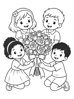Free printable Children Holding A Rose Bouquet coloring page