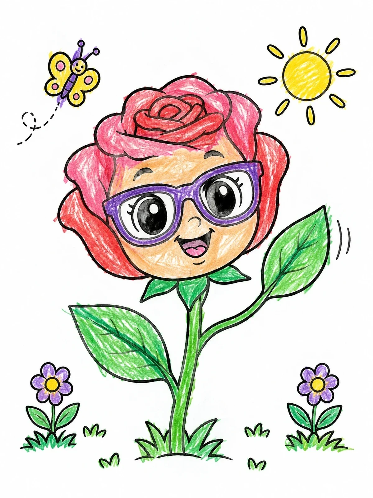 Colored example of the Cute Rose Flower Wearing Glasses coloring page