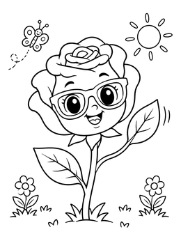 Free printable Cute Rose Flower Wearing Glasses coloring page