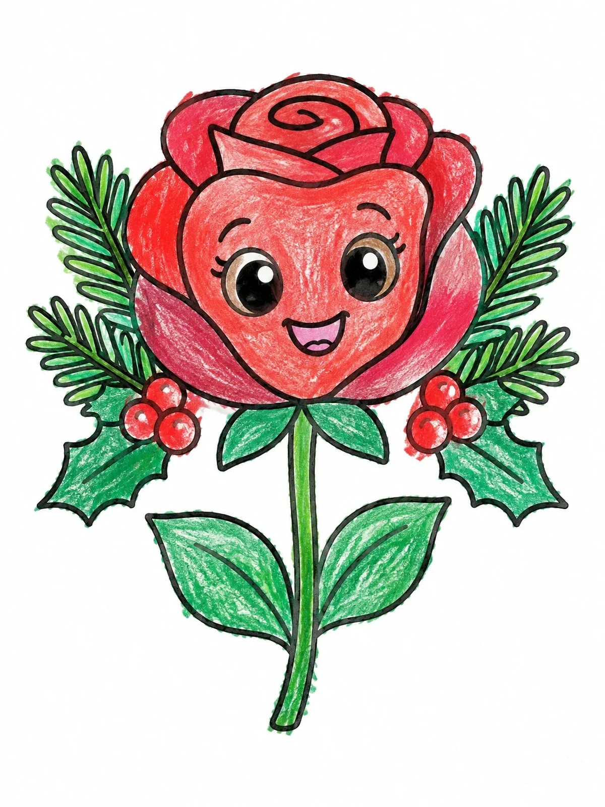 Colored example of the Cute Rose With Holly Berries coloring page