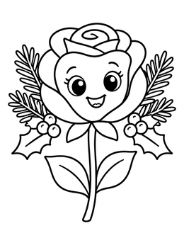 Free printable Cute Rose With Holly Berries coloring page