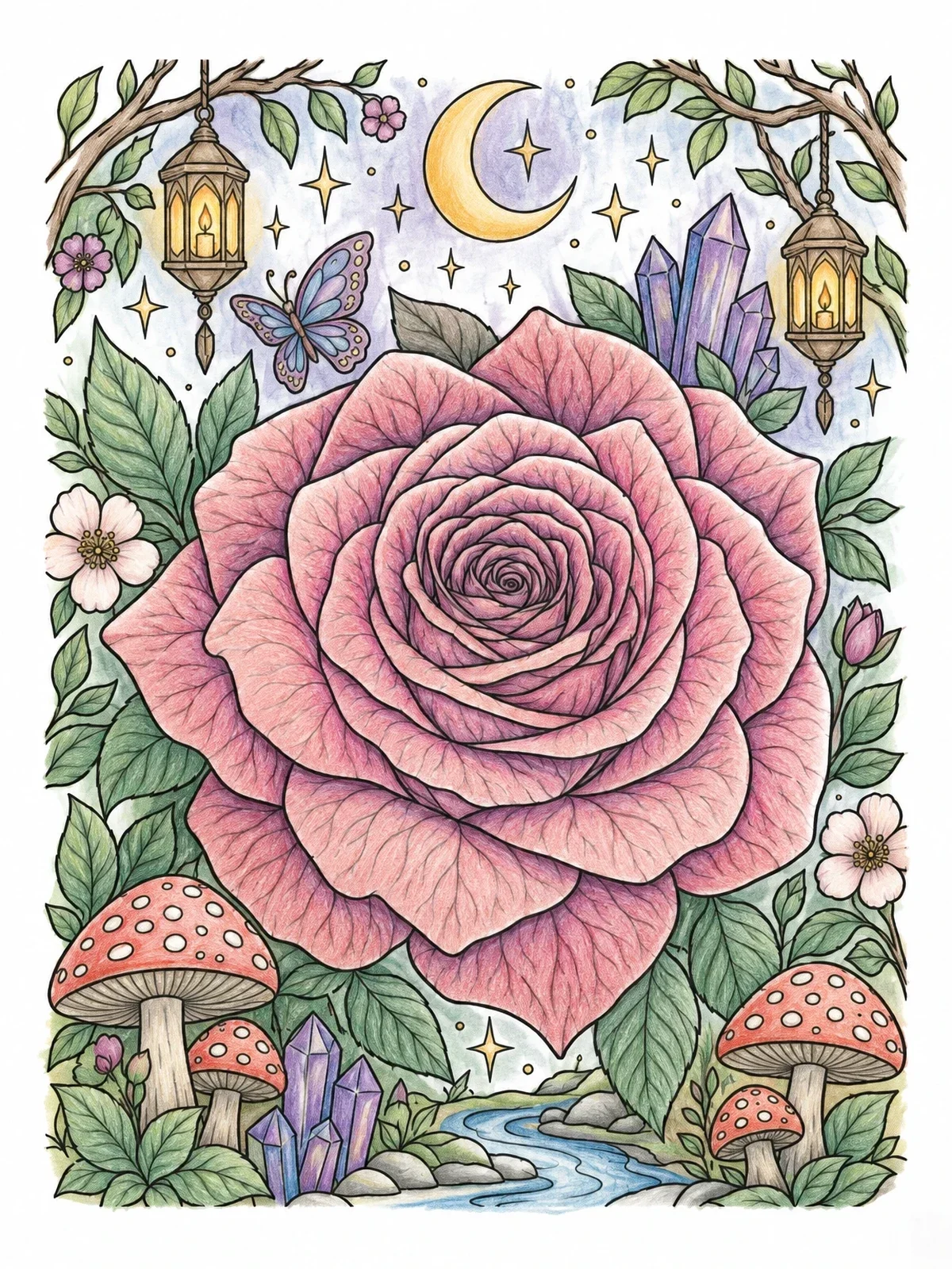 Colored example of the Enchanted Rose With Crystals And Lanterns coloring page