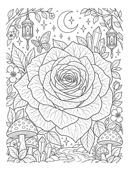 A magical night scene with a blooming rose on this detailed roses coloring page.