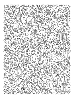 An intricate roses coloring page with lanterns, crystals, and butterflies.