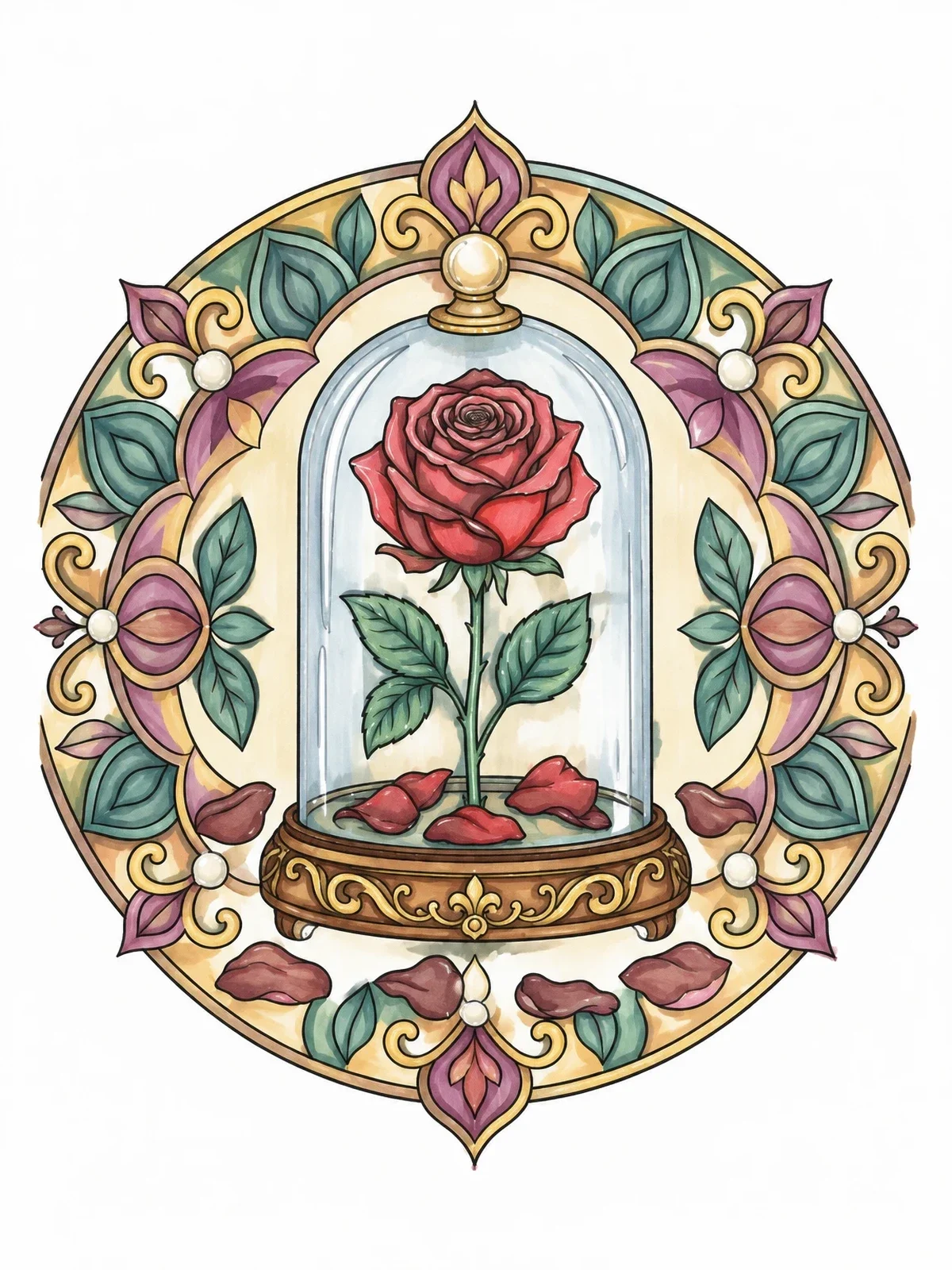 Colored example of the Enchanted Rose Under Glass Cloche coloring page