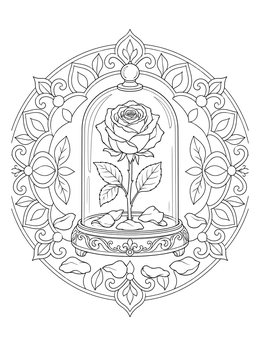 A fairytale rose under a glass dome cloche features in this detailed roses coloring page.