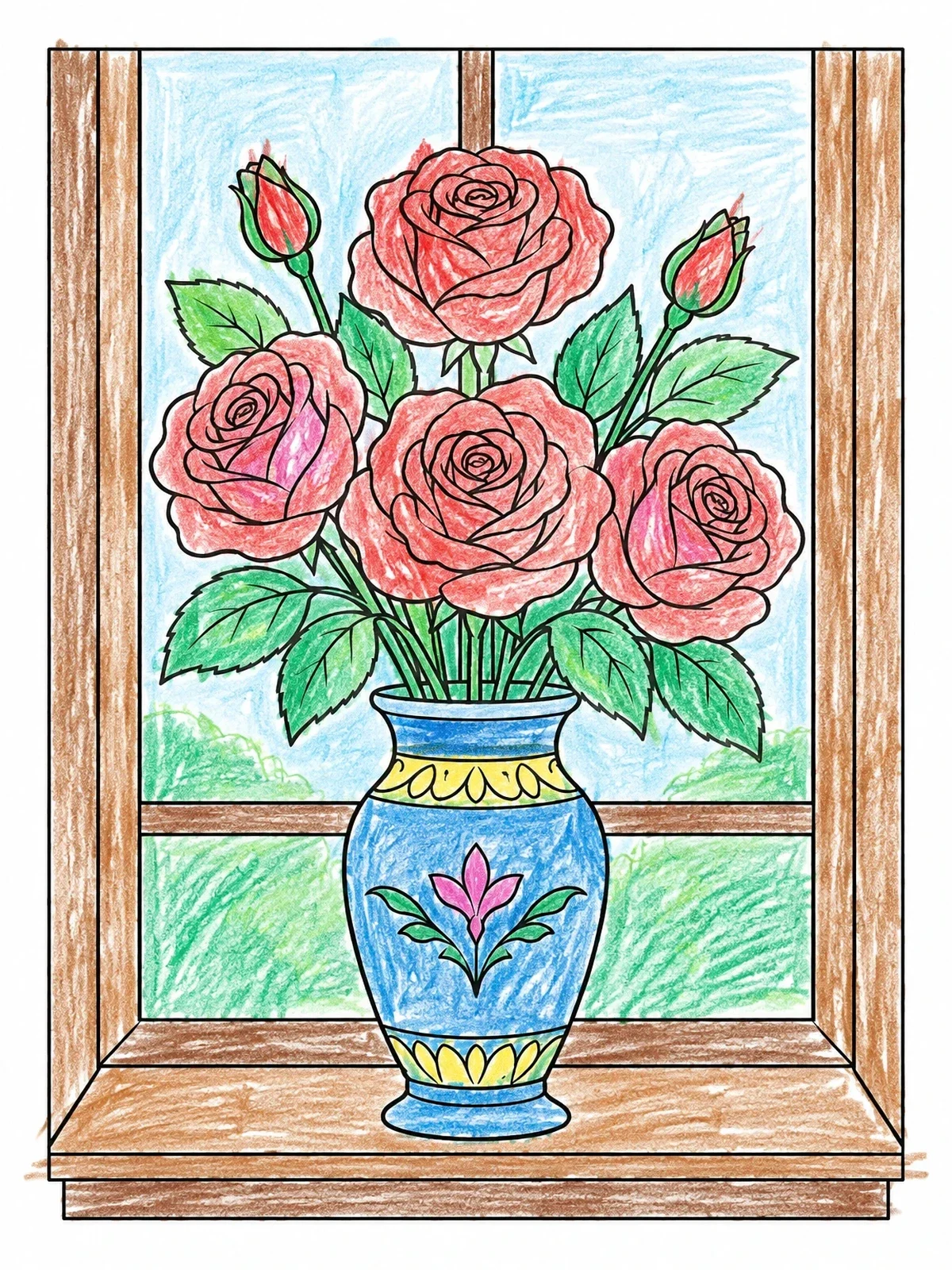 Colored example of the Roses In Vase On Windowsill coloring page