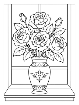 A decorative vase filled with blooming roses on a windowsill in this rose coloring page.