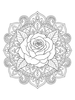 A detailed rose flower mandala featured in this roses coloring page.