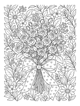 A detailed roses coloring page featuring a lush bouquet tied with a patterned heart bow.