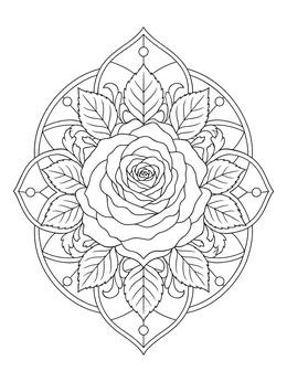 An ornate rose bloom inside a botanical mandala on this roses coloring page.