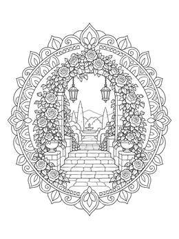 An ornate roses coloring page showing a stone garden archway with lanterns and blooms.