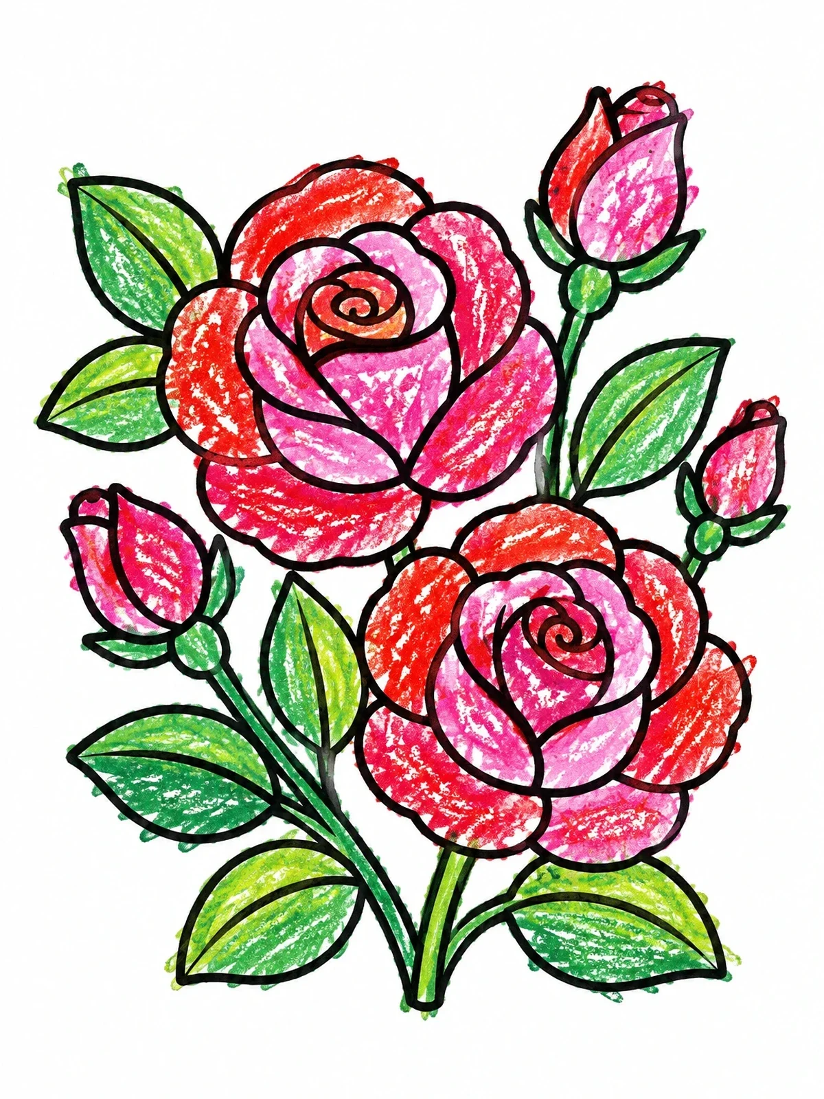 Colored example of the Rose Blossoms And Buds Bouquet coloring page