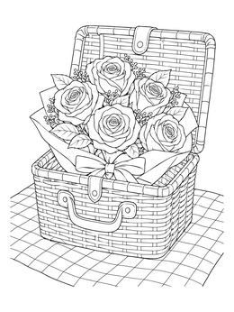 A lovely roses coloring page featuring a bouquet arranged inside an open wicker basket on a blanket.