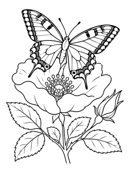 A detailed swallowtail butterfly rests on a wild roses coloring page with open petals.