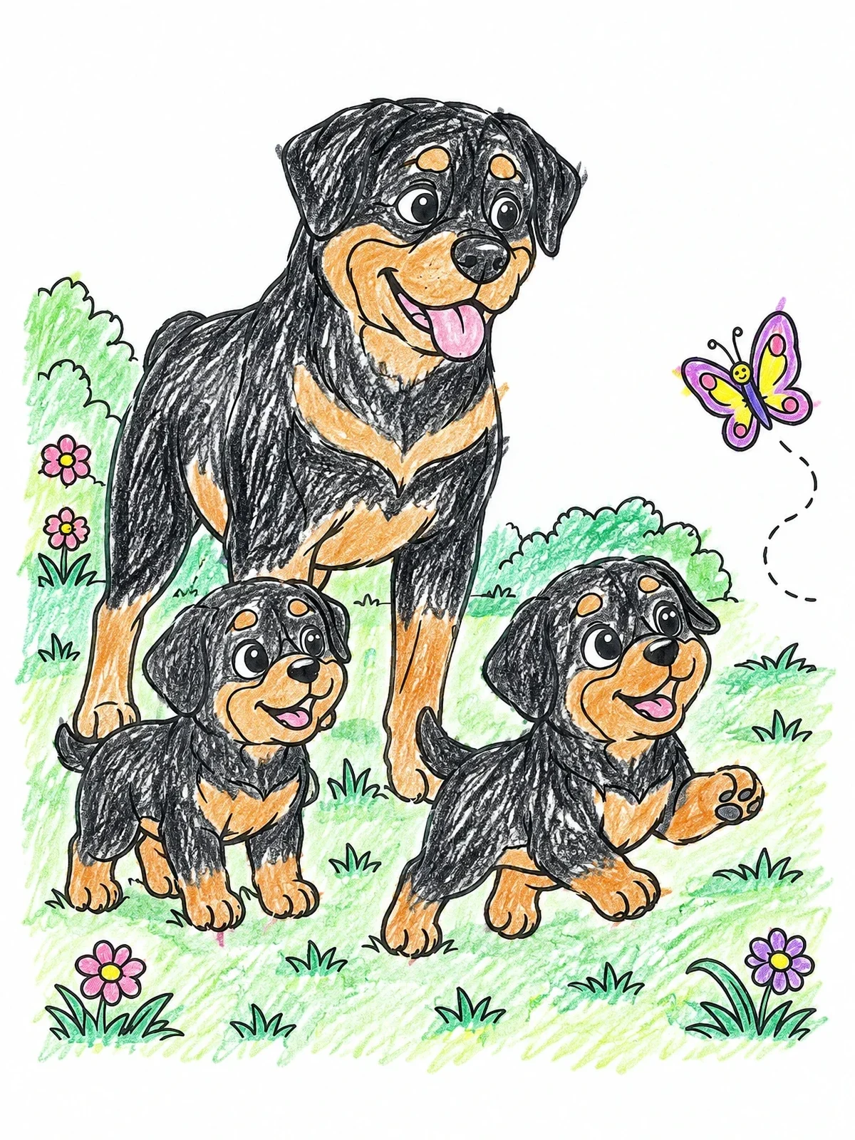 Colored example of the Rottweiler Mother With Playful Puppies coloring page