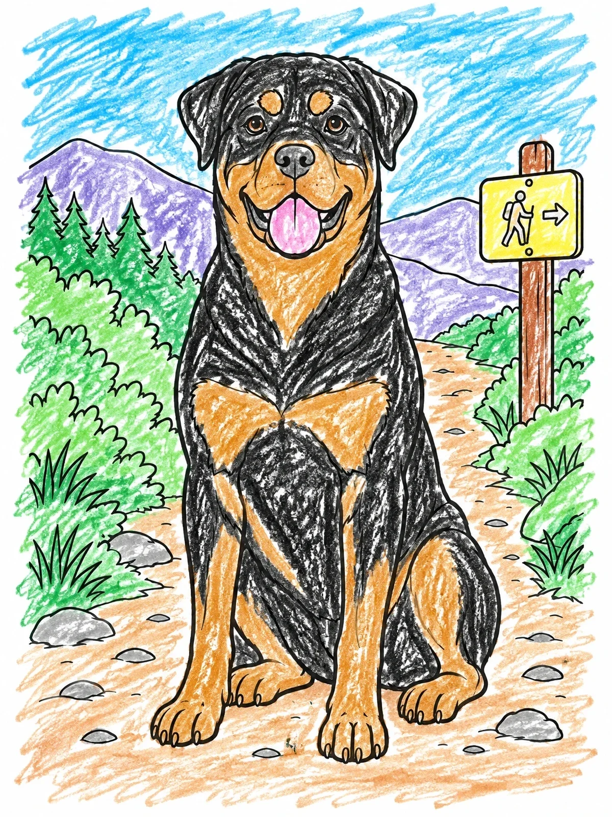 Colored example of the Rottweiler On A Mountain Trail coloring page