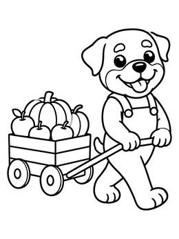 Free printable Cute Rottweiler Pulling Autumn Harvest Cart coloring page