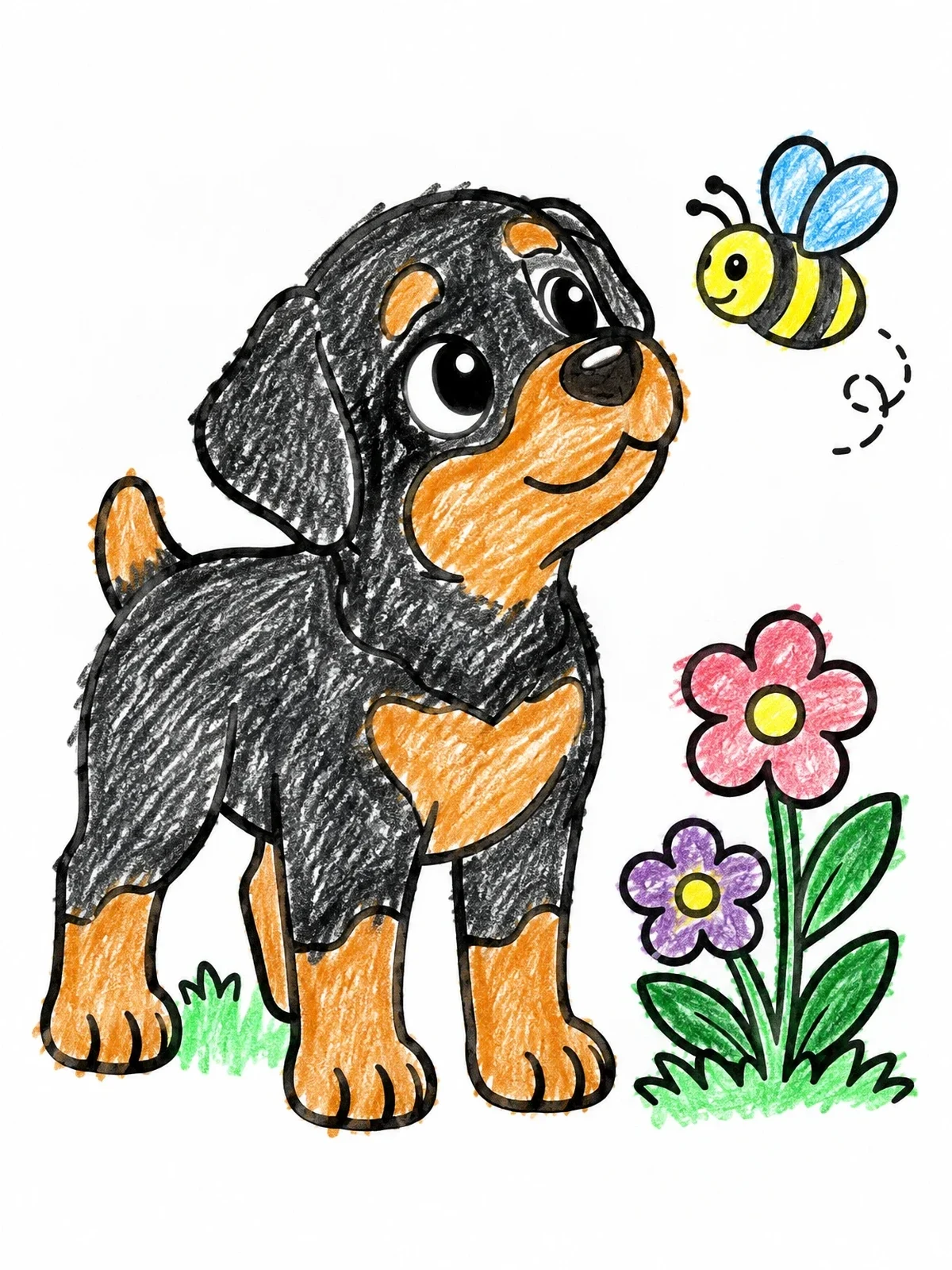 Colored example of the Rottweiler Puppy And Little Bee coloring page