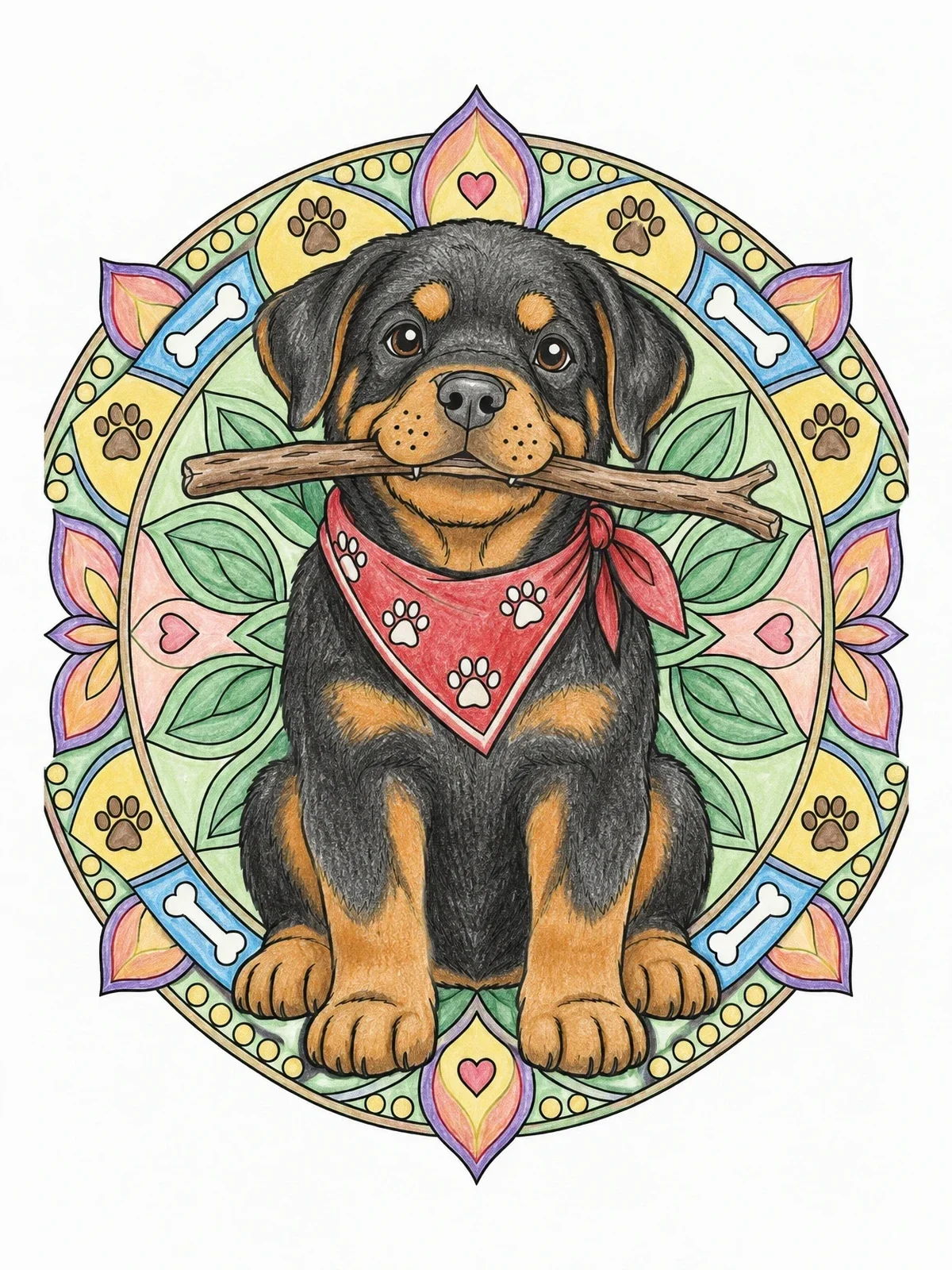 Colored example of the Rottweiler Puppy With Stick Mandala coloring page