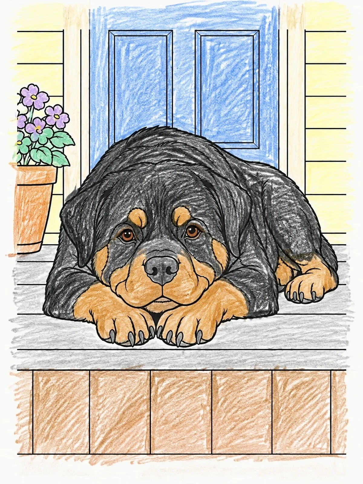 Colored example of the Rottweiler Resting On The Front Porch coloring page