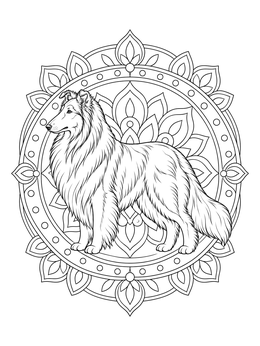 A majestic rough collie standing in profile against a mandala in this collie coloring page.