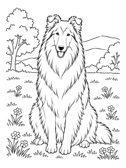 A fluffy collie coloring page showing a happy dog sitting in a grassy meadow with flowers.