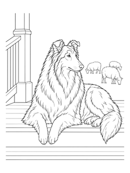 A peaceful collie coloring page with sheep grazing in the distance.