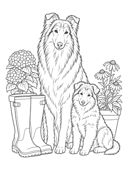 An adult dog and puppy rest together in this collie coloring page with potted flowers.