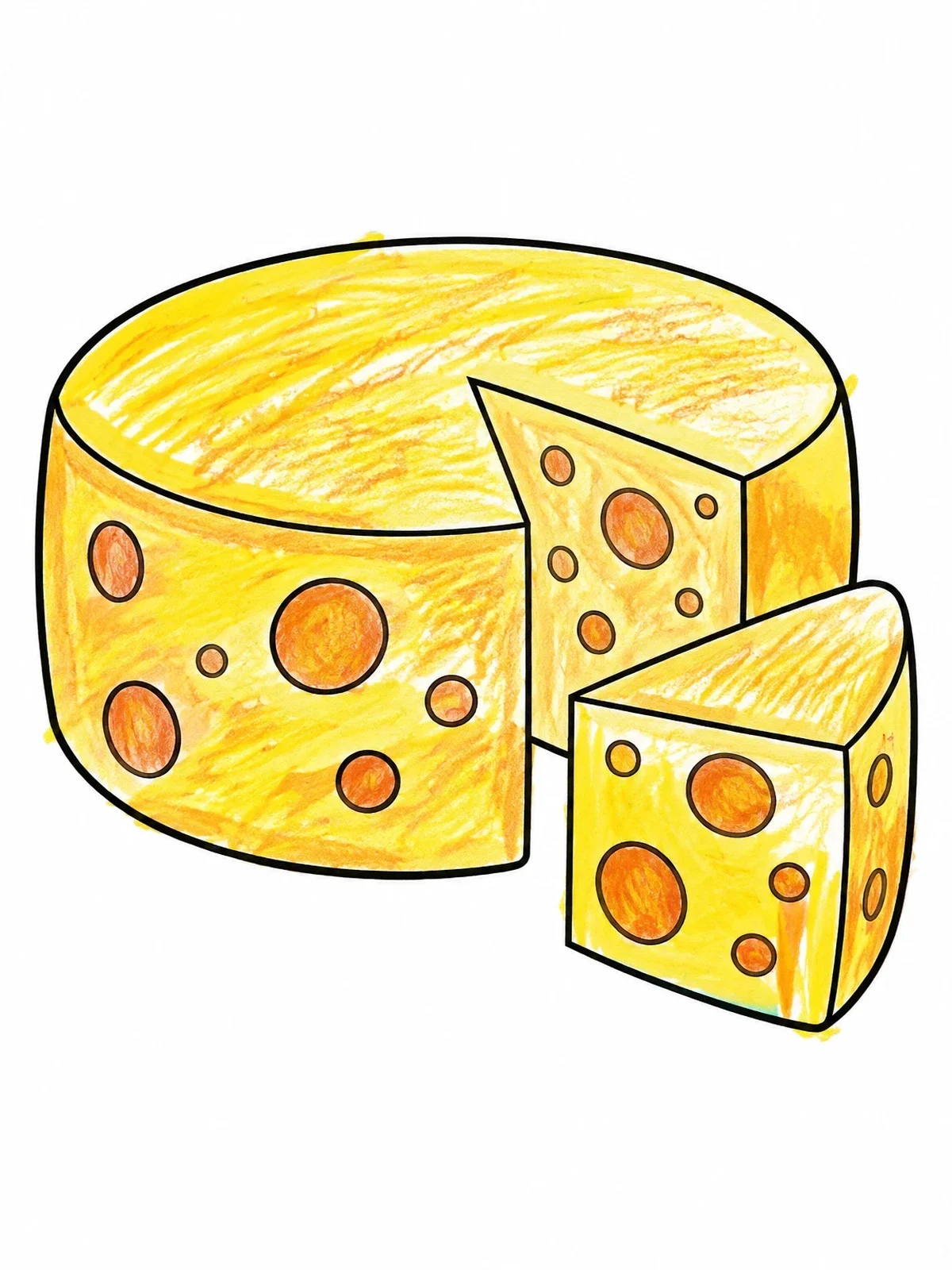 Colored example of the Round Cheese Wheel With Cut Wedge coloring page