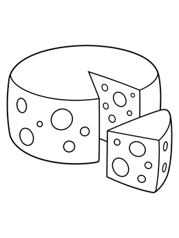 A round cheese wheel with a cut-out wedge shown on this cheese coloring page.
