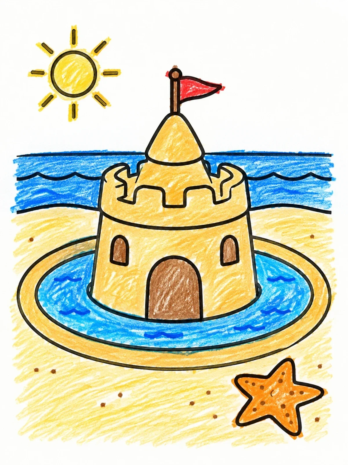 Colored example of the Round Sandcastle With Moat And Starfish coloring page
