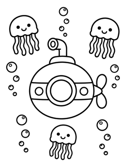 Free printable Cute Submarine With Jellyfish Friends coloring page