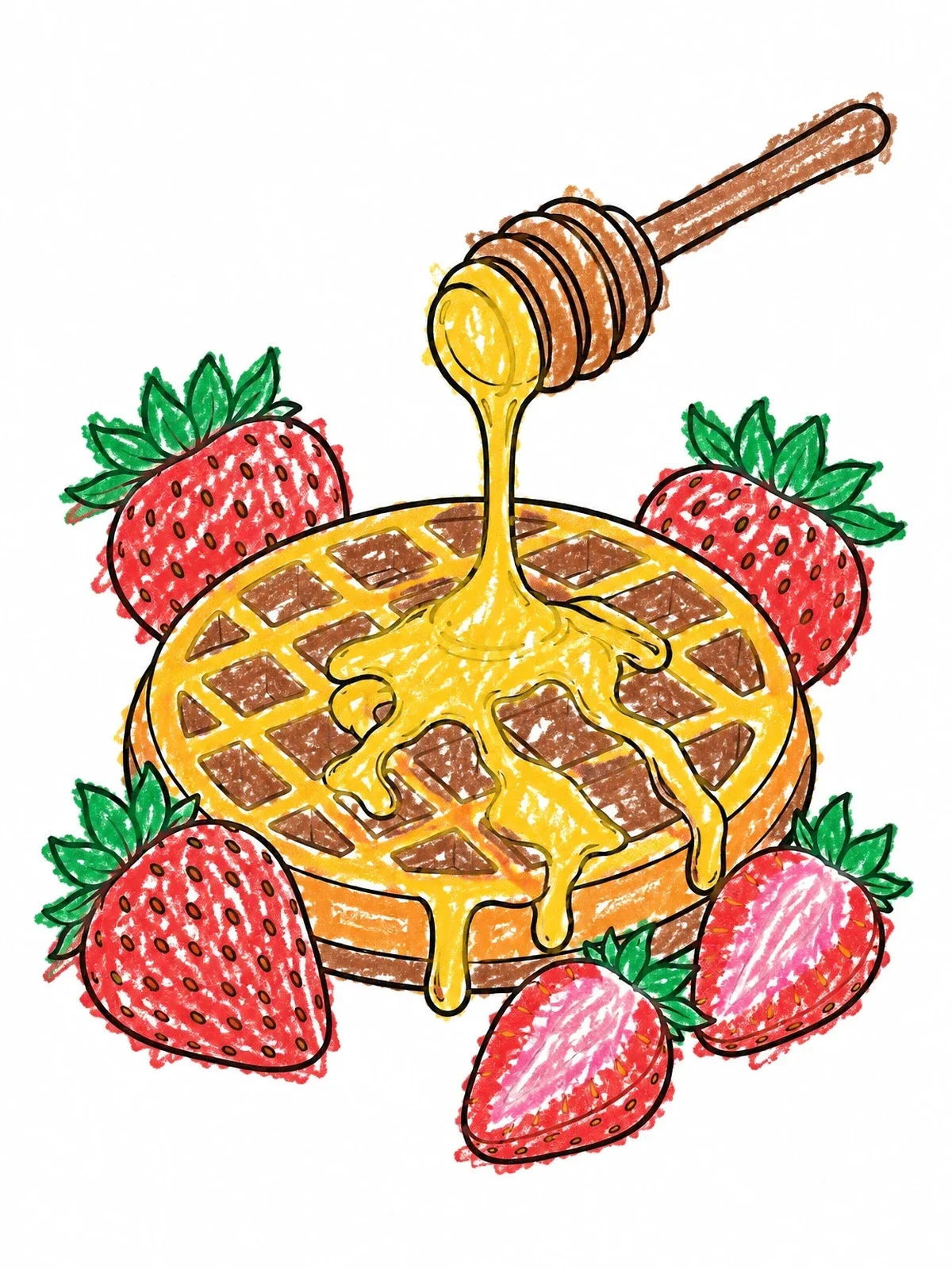 Colored example of the Round Waffle With Honey And Strawberries coloring page