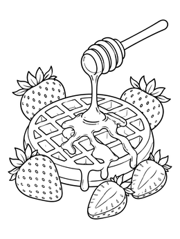 Free printable Round Waffle With Honey And Strawberries coloring page