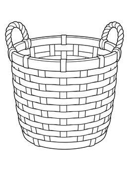 A detailed woven basket coloring page featuring a deep bushel shape and twisted rope handles.